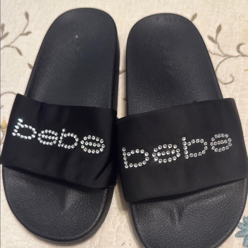 Bebe Black Slides with Rhinestone Detail
